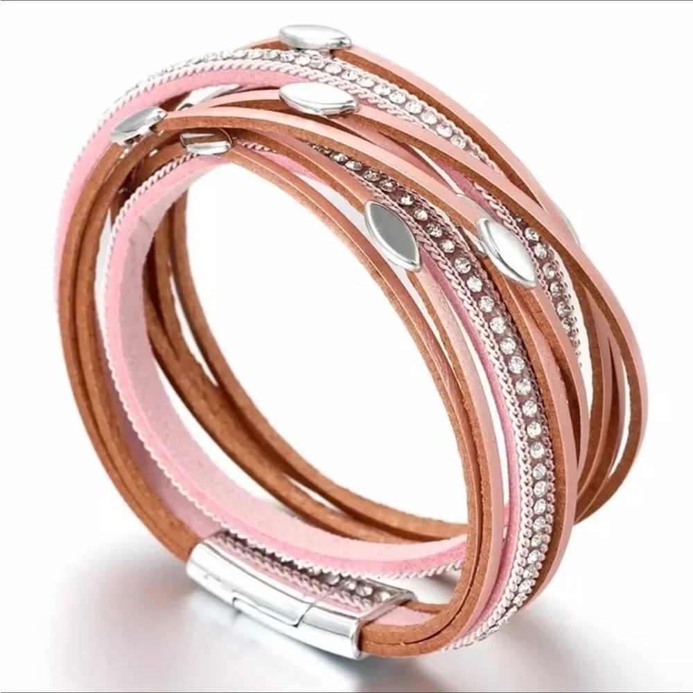 Genuine leather pink wrap bracelet with magnetic closure. New - Picture 2 of 8